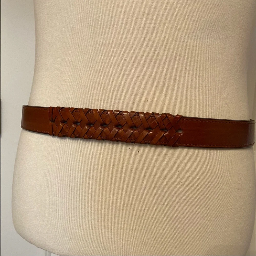 TORINO BELT BROWN LEATHER WOVEN & SMOOTH USA GOLD TONE ITALY BUCKLE SIZE 38